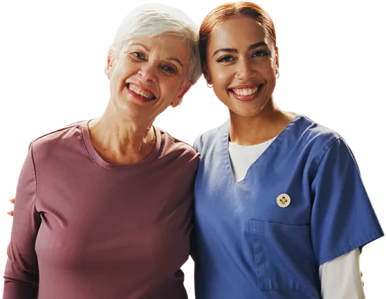 carer and senior woman smiling